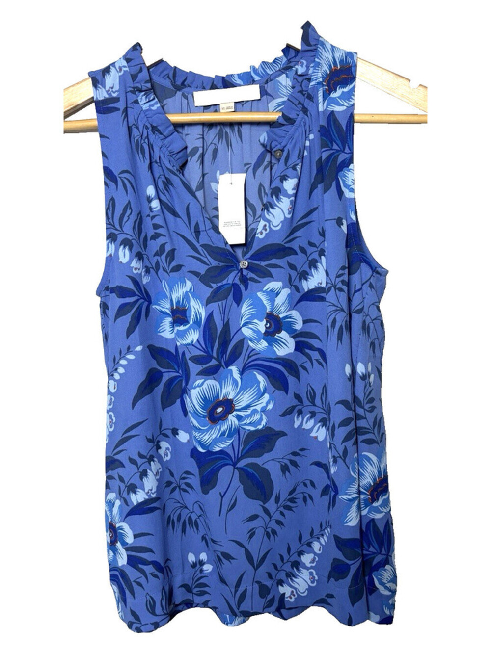 Loft Blouse Women XS Blue Floral V-Neck Sleeveless Wide Strap Button NWT